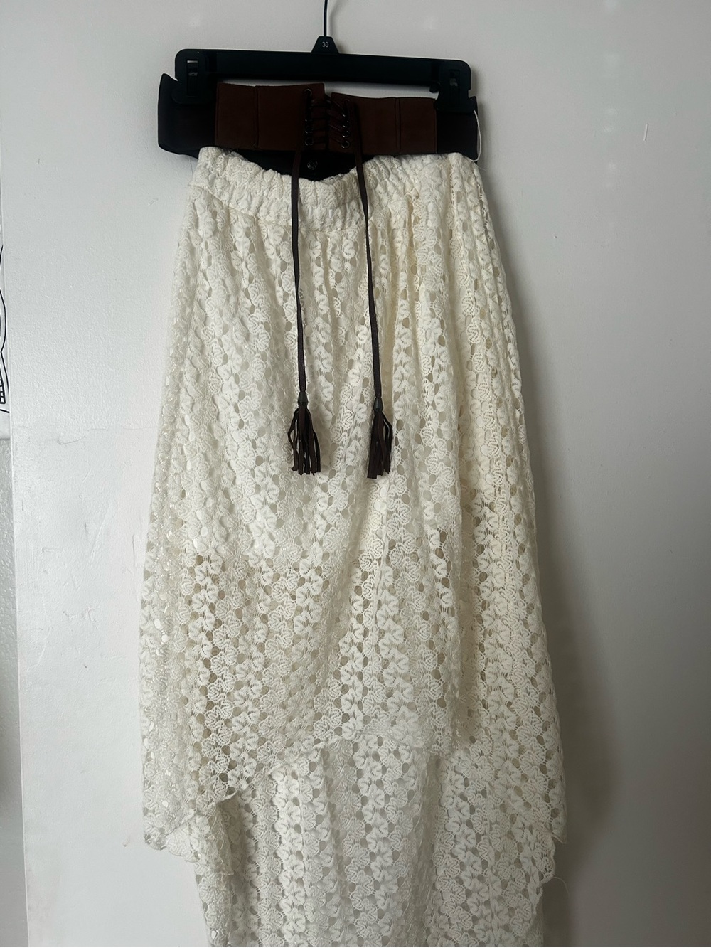 No Boundaries Cream Lace Asymmetrical High-Low Skirt with Brown Waist Tie